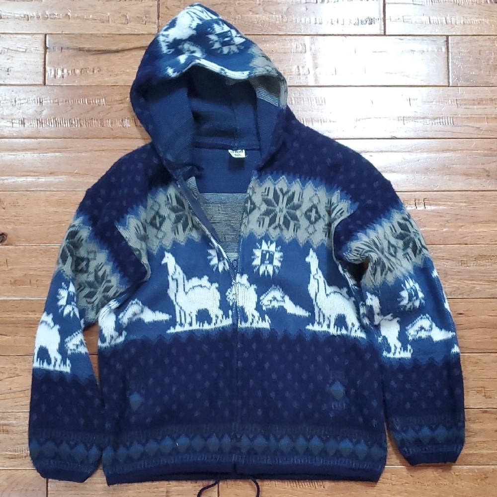Tejidos Aly Marka Navy and Beige Aztec Wool Hooded Jacket with Llama Pattern
